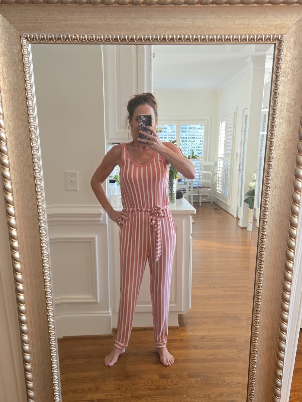 LOFT Pink and White Striped Sleeveless Tie-Waist Jumpsuit